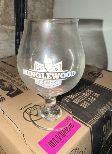 (1) CASE OF MINGLEWOOD LOGO BRANDY GLASSES.