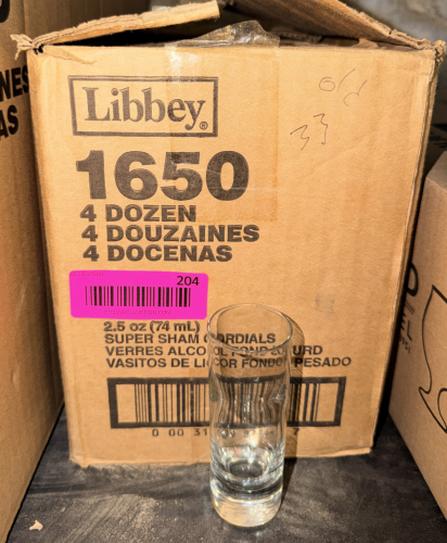 (1)PARTIAL CASE OF LIBBEY 1650 2.5 OZ SHOT GLASSES.