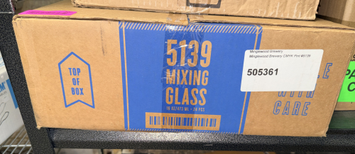 (1) CASE OF LIBBEY LOGO 'ED MIXING GLASSES.