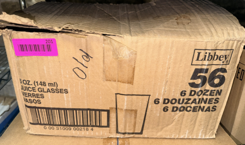 (1) CASE OF LIBBEY LOGO 'ED JUICE GLASSES.