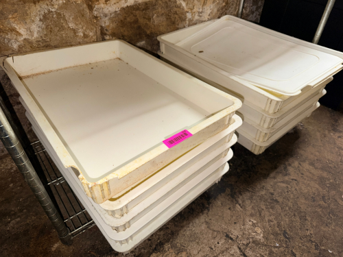 (8) WHITE PLASTIC DOUGH BOXES.