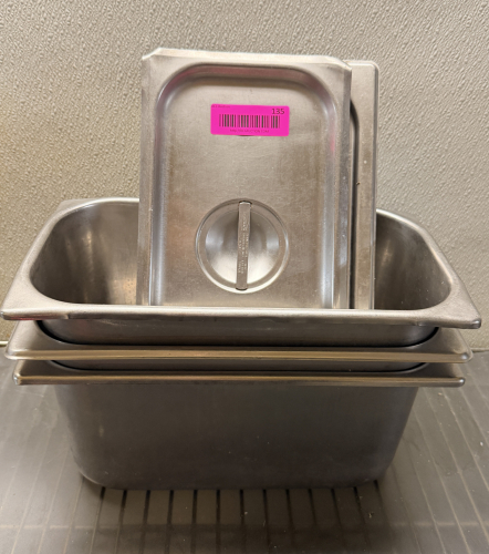 (3) 1/3 SIZE STAINLESS INSERTS W/ LIDS