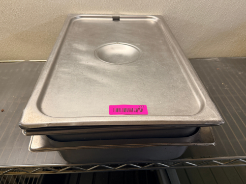 (2) FULL SIZE STAINLESS INSERTS W/ LIDS.