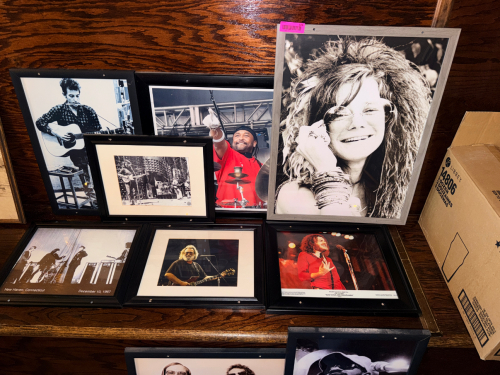 (8) ASSORTED FRAMED ROCK AND ROLL PRINTS.
