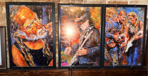 FRAMED BLUES & COUNTRY GUITARIST ART PRINTS (SET OF 3), INSPIRED BY WILLIE NELSON & STEVIE RAY VAUGHAN