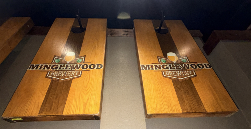 (1) SET OF WOODEN MINGLEWOOD CORNHOLE BOARDS
