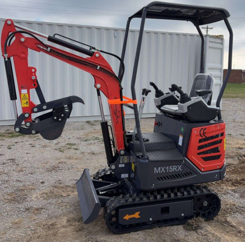 COMPACT TRACK MINI EXCAVATOR WITH OPEN CANOPY, RUBBER TRACKS, AND FRONT DOZER BLADE. EQUIPPED WITH HYDRAULIC BOOM AND BUCKET, SIDE CONTROL JOYSTICKS, AND REAR ENGINE COMPARTMENT. COMPACT DESIGN SUITABLE FOR LIGHT CONSTRUCTION AND TRENCHING APPLICATIONS.