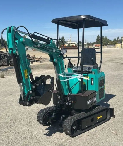 COMPACT TRACK MINI EXCAVATOR WITH OPEN CAB, RUBBER TRACKS, AND FRONT DOZER BLADE. HYDRAULIC BOOM WITH BUCKET ATTACHMENT AND CONTROL LEVERS. UNIT FEATURES PROTECTIVE CANOPY, REAR ENGINE ACCESS, AND COMPACT FRAME DESIGN.