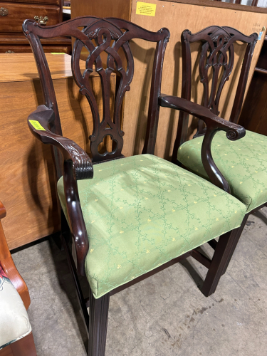 (2) MAHAGONY DINING CHAIRS WITH GREEN PATTERN FABRIC ON SEAT