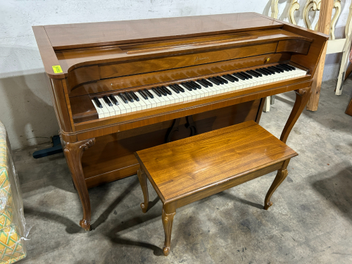BALDWIN ACROSONIC PIANO IN A WALNUT FINISH WITH A MATCHING BENCH