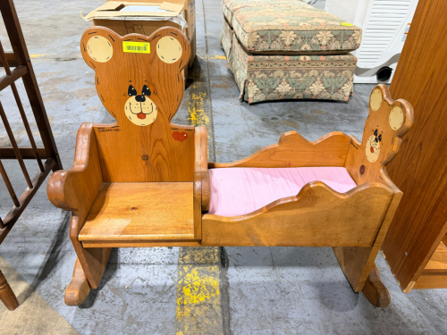 VINTAGE WOODEN BEAR ROCKING CHAIR AND CRADLE