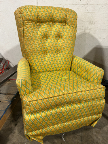 VINTAGE GREEN AND YELLOW UPHOLSTERED ARM CHAIR