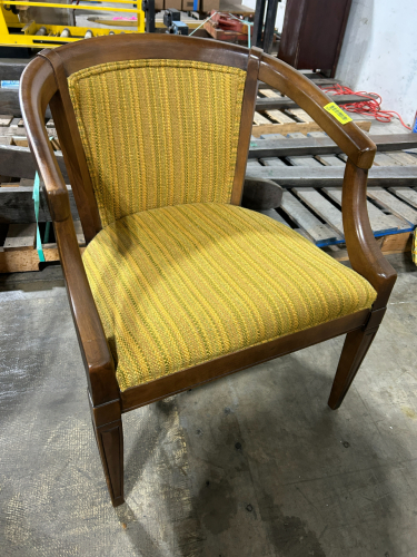 (2)VINTAGE BARREL-BACK ARM CHAIR FEATURING A WOODEN FRAME AND STRIPED YELLOW UPHOLSTERY