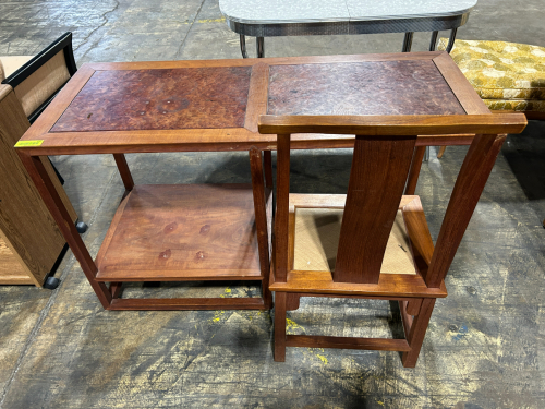 VINTAGE WOOD WRITING DESK ON WHEELS WITH LOWER SHELF AND CHAIR