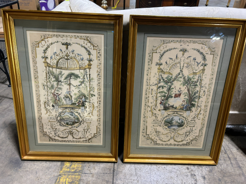 (2) FRAMED VINTAGE ART PRINTS FEATURING ROCOCO- STYLE DECORATIVE SCENES