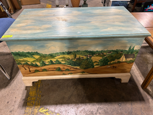 HAND PAINTED WOODEN CHEST FEATURING A FARMHOUSE LANDSCAPE
