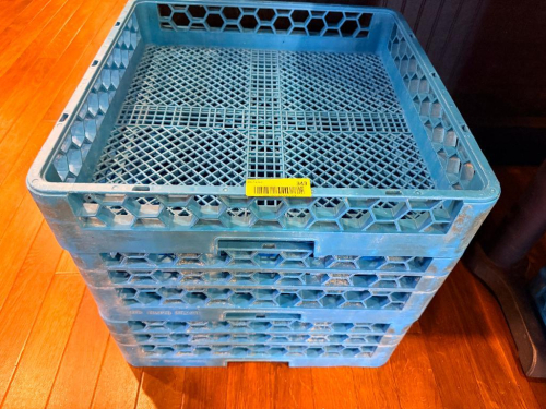 (9) BLUE PLASTIC GLASS RACKS.