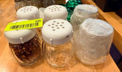 (6) GLASS CHEESE SHAKERS.