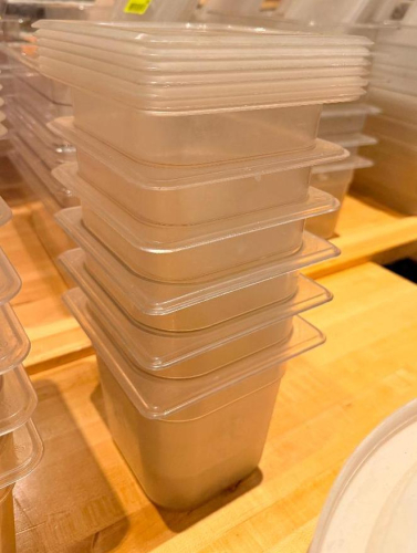(6) 1/6TH SIZE PLASTIC INSERTS W/ LIDS.