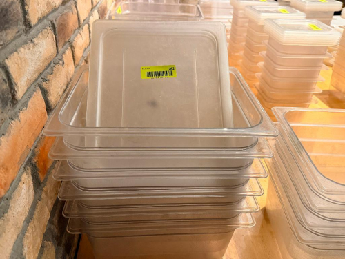 (6) HALF SIZE PLASTIC INSERTS W/ LIDS.
