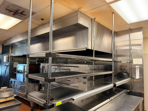 (2) 48" CEILING MOUNTED TWO TIER STAINLESS SHELVES.