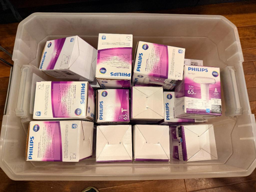 PLASTIC TOTE AND CONTENTS - PHILLIPS T 65 LIGHT BULBS