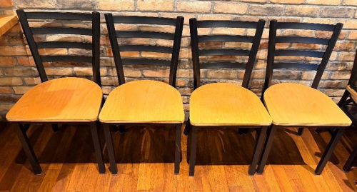 (4) LADDER BACK CHAIRS W/ WOODEN SEATS.