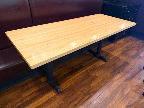 72" X 30" BUTCHER BLOCK STYLE DOUBLE PEDESTAL TABLE.