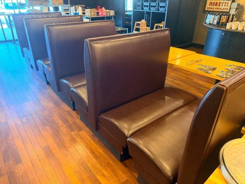 (4) SECTIONS OF48" REDISH BROWN BOOTH SEATING SECTIONS. ( IN GOOD CONDITION )