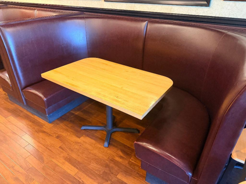 96" X 54" TWO SECTION HIGH BACK BOOTH SEATING SECTION W/ TABLE.