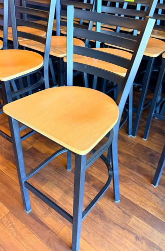 (2) 30" METAL LADDER BACK BAR STOOLS W/ WOODEN SEATS.