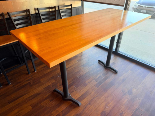 72" X 30" BUTCHER BLOCK STYLE DOUBLE PEDESTAL PUB TABLE.