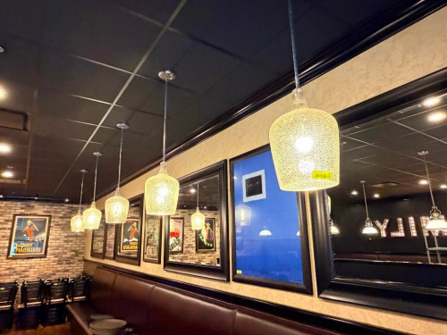 (5) DECORATIVE HANGING PENDANT LIGHT FIXTURES FEATURED TEXTURED GLASS SHADES WITH CYLINDRICAL DESIGN AND METAL STEM MOUNTS