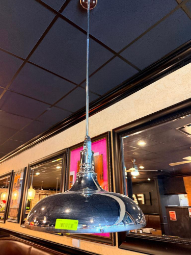 3 COMMERCIAL HANGING PENDANT LIGHT FIXTURES. INCLUDES (2) MATCHING POLISHED CHROME DOME-SHADE PENDANTS AND (1) VARIANT UNIT WITH SLIGHTLY DIFFERENT HOUSING STYLE
