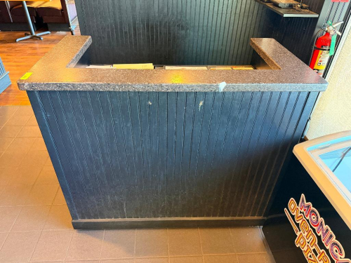 U SHAPED WOODEN HOSTESS STAND W/ COMPOSITE STONE TOP.