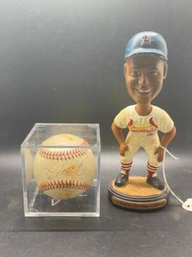 LOU BROCK SIGNED BASEBALL AND BOBBLE HEAD SET