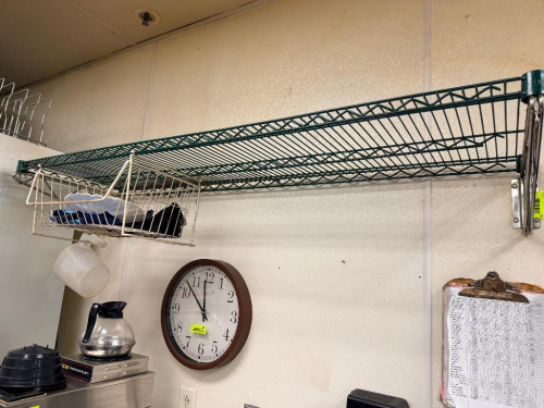 (4) ASSORTED SIZE WALL MOUNTED WIRE SHELVES.
