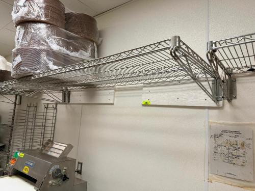 (3) ASSORTED SIZE WALL MOUNTED WIRE SHELVES.