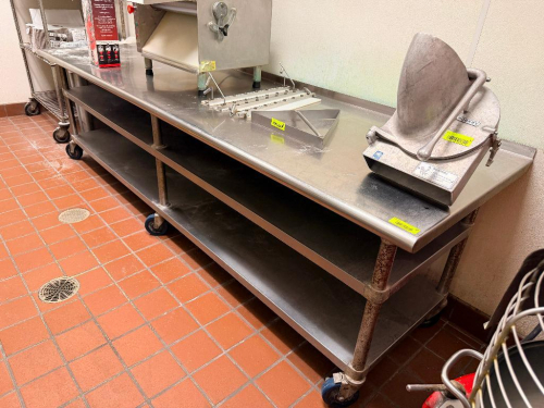 108" X 30" LOW BOY STAINLESS TABLE W/ 1" BACK SPLASH (ON CASTERS )