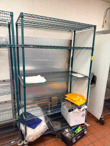 48" X 24" FIVE TIER COATED WIRE SHELF. ( ON CASTERS )