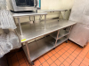 60"W X 30"D STAINLESS STEEL WORK / PREP TABLE WITH DOUBLE OVER SHELF AND UNDERSHELF STORAGE. UNIT FEATURES RAISED DOUBLE-TIER SHELVING FOR EQUIPMENT OR STORAGE, LOWER SHELF, AND CASTER - 2