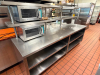 108"W X 30"D STAINLESS STEEL DOUBLE-TIER WORK / PREP TABLE WITH OVER SHELF AND UNDERSHELF STORAGE. UNIT FEATURES HEAVY-DUTY CONSTRUCTION, OPEN BASE SHELVING, AND CASTERS - 3