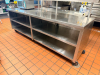 108"W X 30"D STAINLESS STEEL DOUBLE-TIER WORK / PREP TABLE WITH OVER SHELF AND UNDERSHELF STORAGE. UNIT FEATURES HEAVY-DUTY CONSTRUCTION, OPEN BASE SHELVING, AND CASTERS - 4