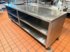 108"W X 30"D STAINLESS STEEL DOUBLE-TIER WORK / PREP TABLE WITH OVER SHELF AND UNDERSHELF STORAGE. UNIT FEATURES HEAVY-DUTY CONSTRUCTION, OPEN BASE SHELVING, AND CASTERS - 7