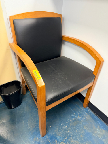(2) WOODEN ARM CHAIRS W/ BLACK VINYL SEATS