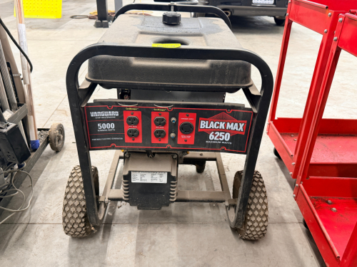 PORTABLE GAS-POWERED GENERATOR WITH STEEL FRAME AND WHEEL KIT. EQUIPPED WITH MULTIPLE 120V OUTLETS AND CONTROL PANEL SHOWING 5000 RUNNING WATTS AND 6250 MAX WATTS.