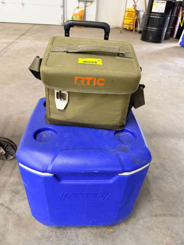 COLEMAN COOLER AND (1) SMALL CANVAS LUNCH COOLER.