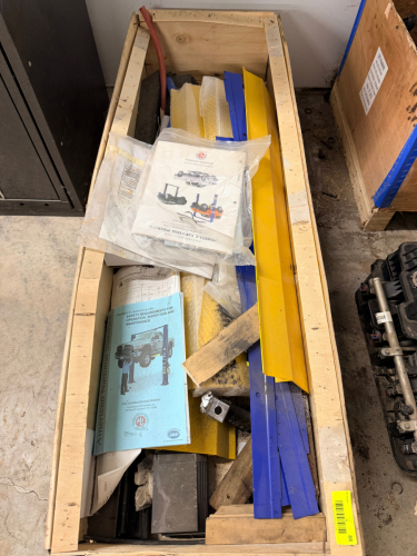 SNAP-ON 12,000 LB. (12K) 2-POST AUTO LIFT ACCESSORY KIT / HARDWARE CRATE (PARTIAL). INCLUDES ASSORTED METAL GUARDS, BRACKETS, MOUNTING HARDWARE,