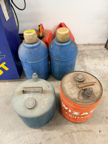 (9) ASSORTED PLASTIC FUEL CANS AND CONTAINERS.