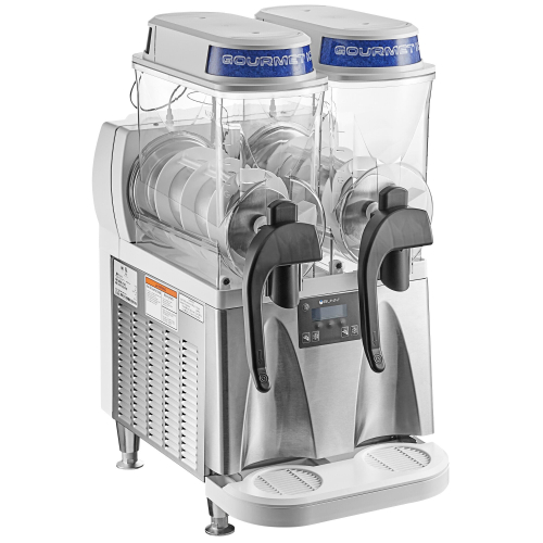 BUNN ULTRA-2 FROZEN DRINK MACHINE WITH DUAL HOPPERS. STAINLESS STEEL BASE UNIT WITH DIGITAL CONTROL PANEL AND INCLUDED DISPENSING CONTAINERS. WITH ORIGINAL PACKAGING AND MANUAL PRESENT.